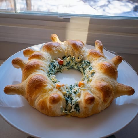 Golden baked Reindeer Antler Spinach Dip Ring, great for sharing during holiday gatherings, looks so delicious.