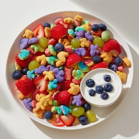Brightly colored rainbow Goldfish crackers spilling across a platter with berries and grapes.