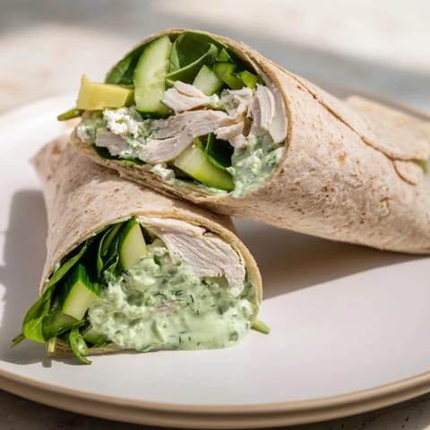 Close-up of a delicious Green Goddess Wellness Wrap, showcasing layered ingredients and drizzled dressing.