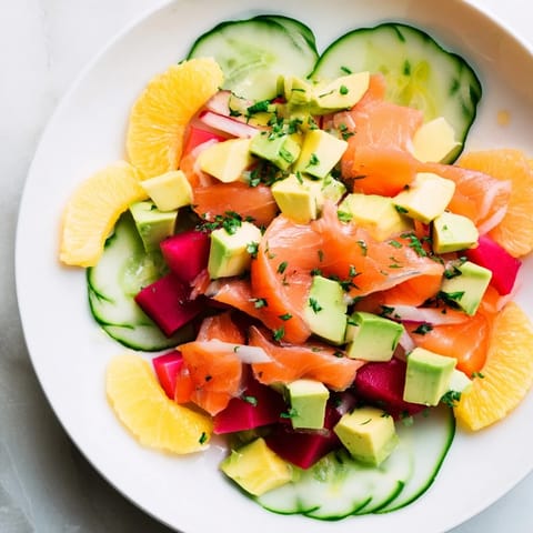 A delicious Cucumber and Tinned Fish Date Night Salad, expertly layered and ready to enjoy with a date.