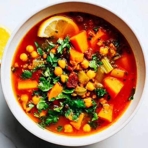 Thick, hearty North African Harira Soup with visible chickpeas and carrots in a flavorful tomato broth.