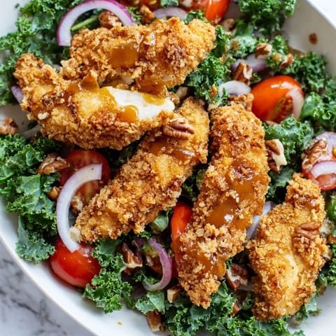 Fresh kale, red onion, and toasted pecans mingle with juicy chicken cutlets in this hearty Crispy Chicken Kale Salad, served with a tangy maple-Dijon vinaigrette.