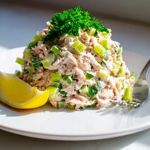 A close-up of Spicy Zesty Tuna Salad in a white bowl, garnished with fresh parsley and lemon wedges, perfect for a quick lunch.