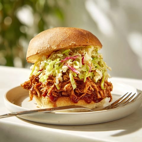 Tender shredded chicken in smoky barbecue sauce, piled onto a soft brioche bun with fresh, vibrant slaw for a satisfying meal.
