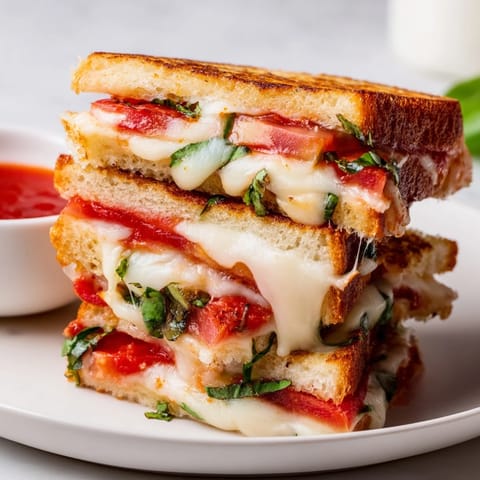 Golden-brown Caprese Grilled Cheese Dippers with melted mozzarella and fresh tomato slices, ready to dip into warm marinara sauce.