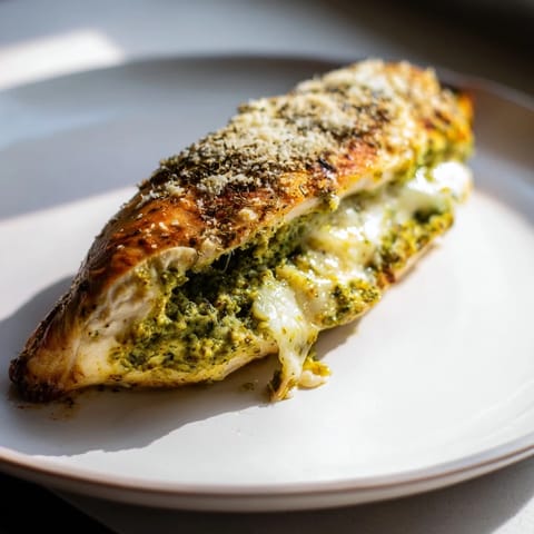 Sliced Mozzarella & Pesto Stuffed Chicken revealing melted cheese and vibrant basil pesto oozing from inside.