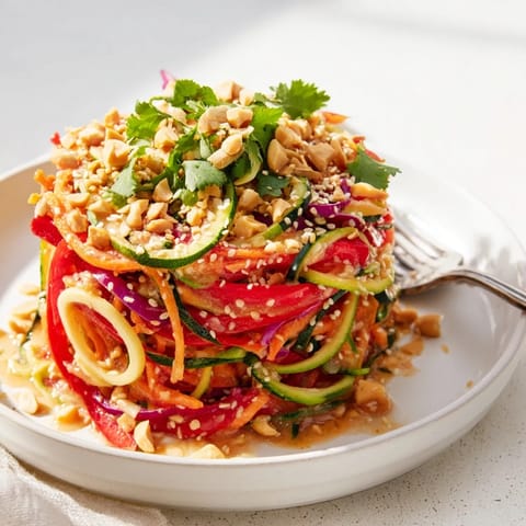 A colorful bowl of Raw Vegetable Noodle Salad topped with toasted sesame seeds, ready for a light lunch.