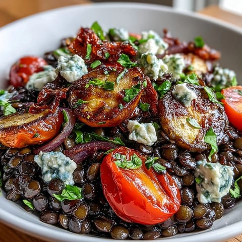 Vibrant black lentil salad brimming with tender roasted vegetables and bright lemon dressing.