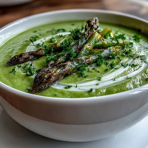 Close-up of creamy Asparagus Soup, highlighting the silky pureed texture and a drizzle of lemon for a bright, fresh spring flavor.