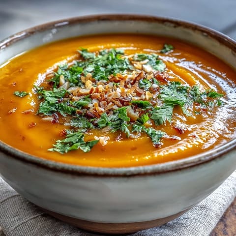 A bowl of Carrot and Coconut Soup topped with cilantro, coconut flakes, and a lime wedge.