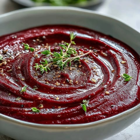 Warm roasted beet soup with crusty bread on the side for a cozy vegetarian dinner.