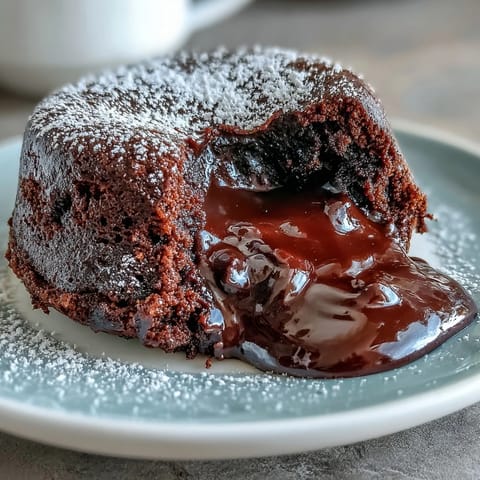 A hand holds a spoon over a perfectly baked Chocolate Lava Cake with Espresso, ready for a scoop of vanilla ice cream.