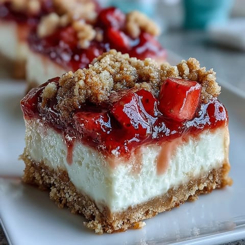 A plated Strawberry Cheesecake Bar reveals creamy vanilla filling and juicy strawberries over a buttery graham cracker crust.