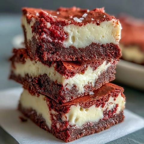 A square of red velvet cheesecake brownies shows maroon and white swirls in a rich, fudgy texture.  