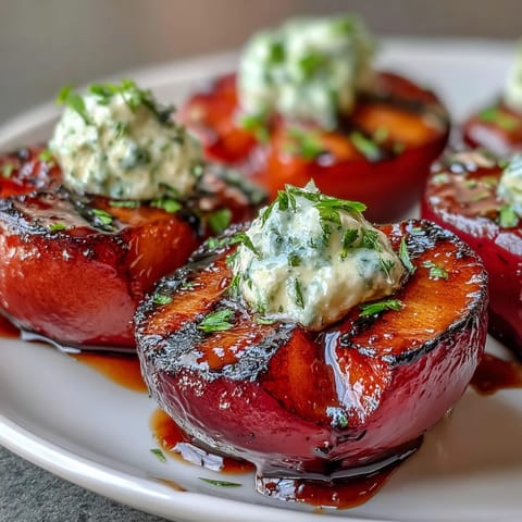 Grilled plums with goat cheese and balsamic glaze glisten on a platter, garnished with fresh mint.