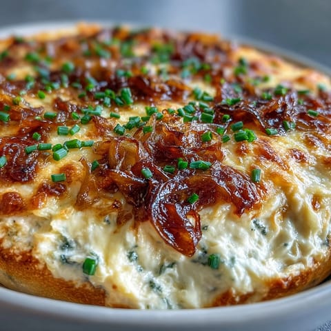 A spoon lifting a creamy scoop of Smoked Gouda & Onion Dip revealing melted cheese and caramelized onions.