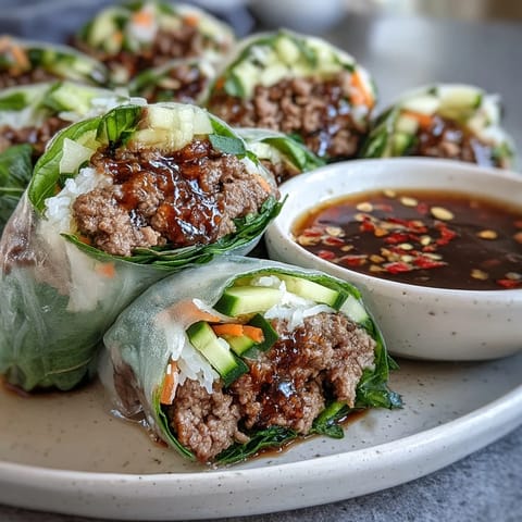 Close-up of fresh Thai Basil Beef Rolls with shredded carrots, cucumber, and cilantro, showcasing soft rice paper wrappers and a tangy lime-fish sauce dip.