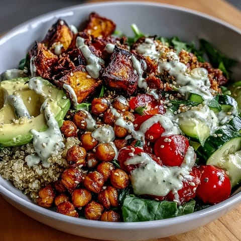 Golden roasted sweet potatoes and crispy chickpeas add texture to this Buddha Bowl with Quinoa, Roasted Sweet Potatoes, Crispy Chickpeas, Fresh Veggies & Garlic Tahini Dressing.