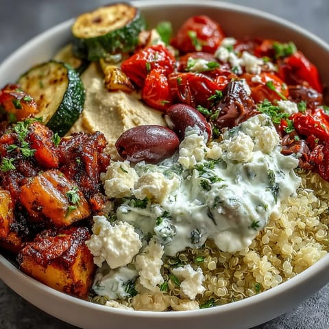 Fluffy quinoa and warm roasted veggies in a Mediterranean Buddha Bowl garnished with parsley.