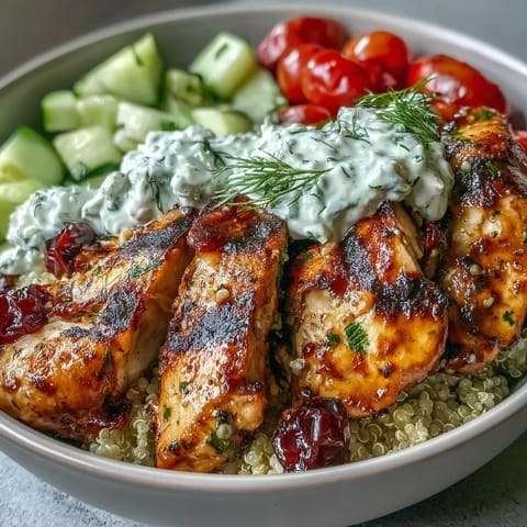 Freshly grilled lemon-herb chicken slices sit over fluffy quinoa, topped with crisp cucumber, cherry tomatoes, and creamy tzatziki in this vibrant Greek Chicken Power Bowl.