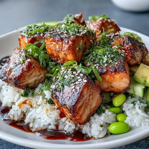 Freshly broiled Baked Salmon Rice Bowl with fluffy white rice, crisp cucumber slices, and vibrant shredded carrots.