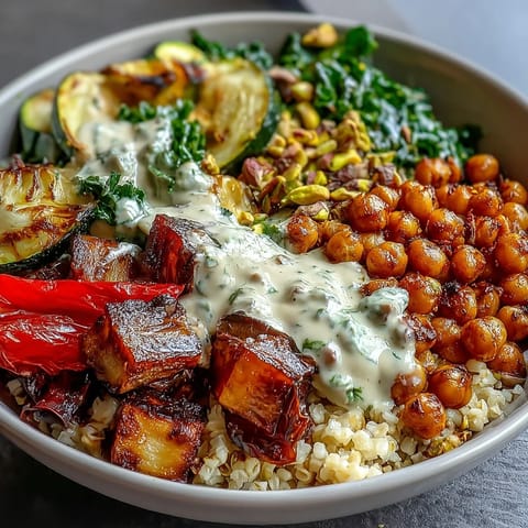 Golden roasted eggplant and zucchini sit atop bulgur pilaf with pistachios in this Mediterranean Buddha Bowl meal prep.