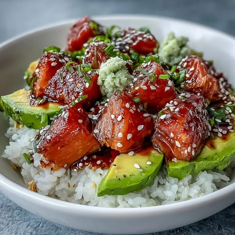 Freshly seared salmon nestled in sushi rice with creamy avocado slices, spicy chili oil drizzle, and chopped peanuts for the Avocado Salmon Bowl.