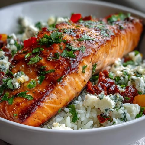 A vibrant Mediterranean Salmon Bowl with golden salmon over crispy rice, sun-dried tomatoes, and fresh cilantro.