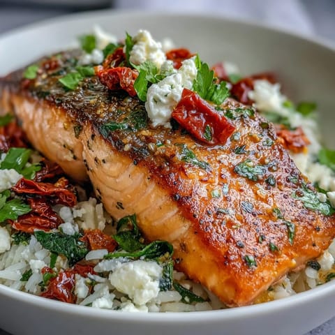 Crispy-skinned Mediterranean Salmon Bowl topped with colorful bell peppers and crumbled feta.