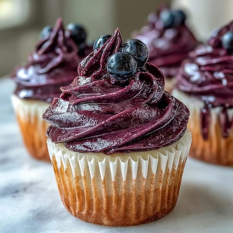 Creamy Black Currant Frosting swirled onto a vanilla cupcake, garnished with fresh berries.