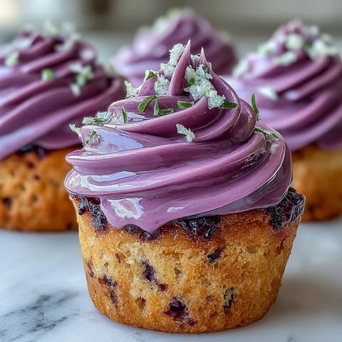Twelve Olive Oil Cupcakes arranged on a cooling rack, each generously swirled with deep purple Black Currant Frosting and a touch of lemon zest.