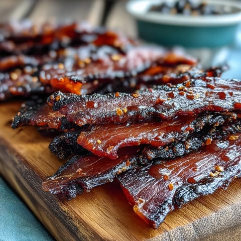 Smoky Black Currant Jerky glistening with a tangy barbecue glaze, ready to snack.