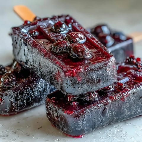 Six vibrant Black Currant Popsicles stand upright in a silver metal rack, showcasing a deep purple hue and icy texture on a rustic wooden background.