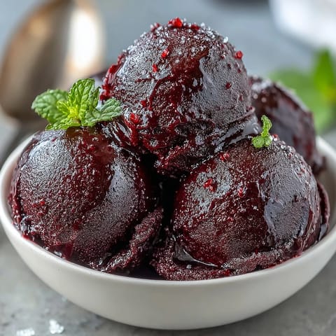 Glossy scoops of Black Currant Sorbet in a chilled glass bowl showcase a deep purple hue and vibrant berry freshness.