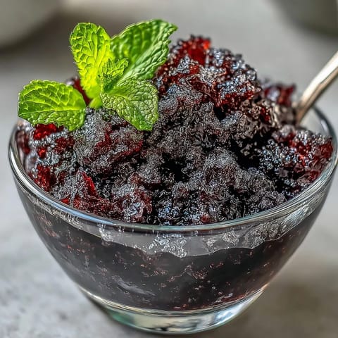 Spoonful of deep purple Black Currant Granita, glistening with icy shards, served in a chilled glass for a refreshing summer dessert.