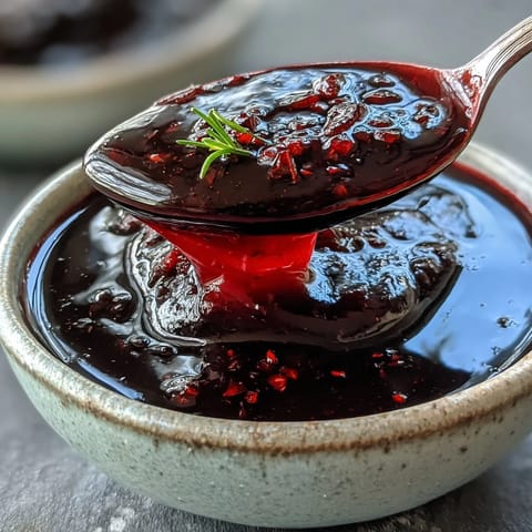 Rich, purple Black Currant and Rosemary Reduction in a small glass jar, garnished with fresh rosemary and a wooden spoon.
