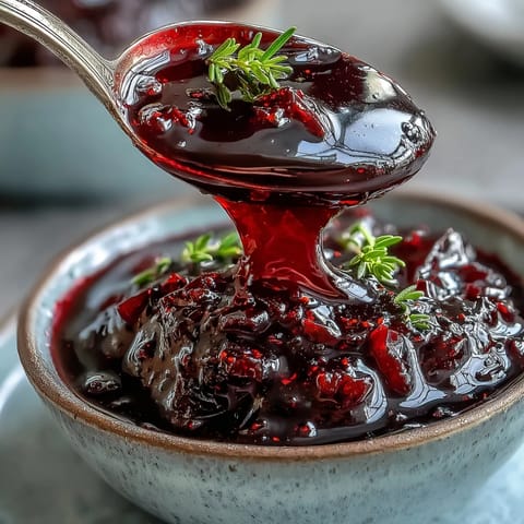 Glossy Black Currant and Rosemary Reduction drizzled over a slice of roasted lamb, with roasted potatoes on the side.