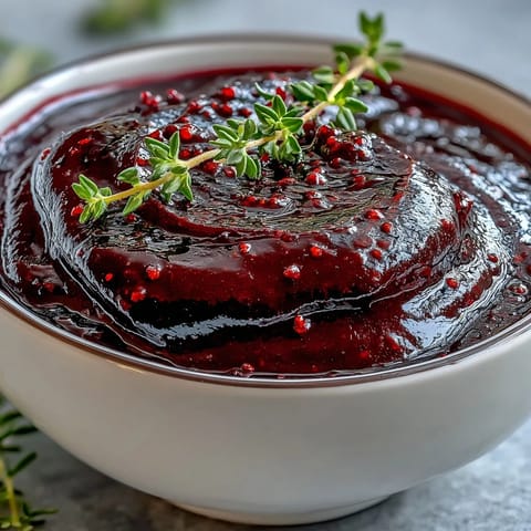A spoon lifts glossy, deep purple Black Currant Reduction sauce from a small saucepan, steam rising.