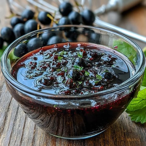 Homemade Black Currant Vinaigrette poured into a small glass jar next to fresh salad greens and a whisk on a rustic wooden table.
