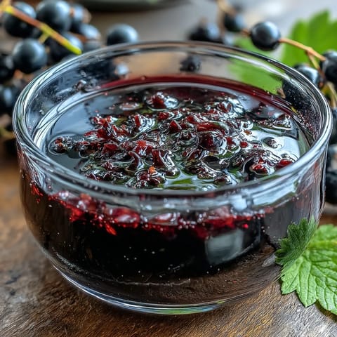 A bowl of Black Currant Vinaigrette garnished with minced shallots and Dijon mustard, ready to be drizzled over roasted beets.