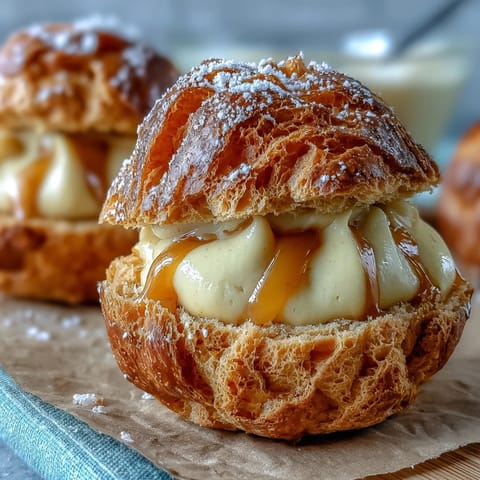 Golden mango pastry cream puffs filled with tropical mango cream and dusted with powdered sugar on a white plate.