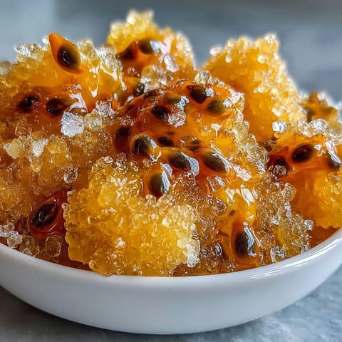 Vibrant passionfruit granita with crystalline layers, offering a tangy and refreshing frozen dessert perfect for summer gatherings.