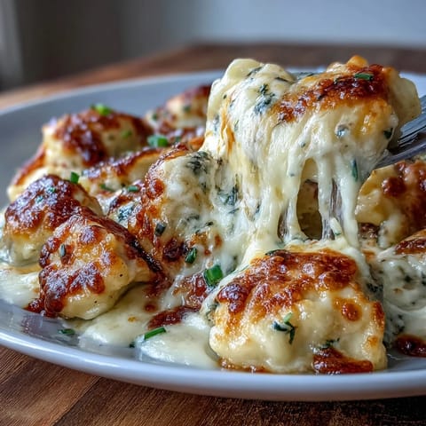 Trader Joes Dumpling Bake with creamy sauce and melted cheese in a golden, bubbling casserole dish.  