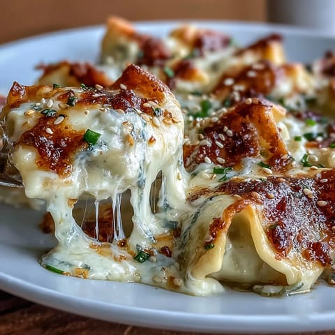 Cheesy Trader Joes Dumpling Bake baked until golden, topped with scallions and sesame seeds for a comforting meal.  