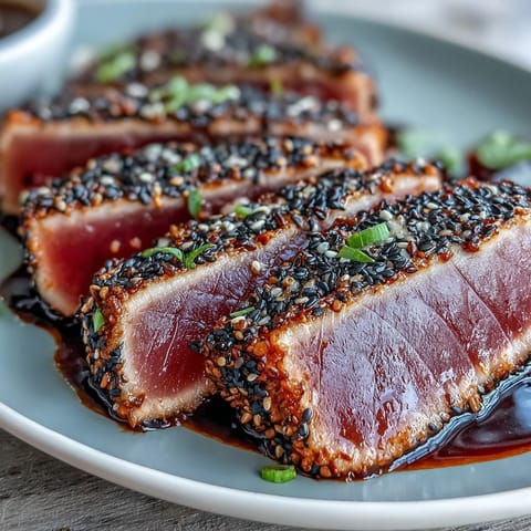 A vibrant plate of black sesame seed crusted tuna with a creamy wasabi mayo drizzle, served with pickled ginger and lemon wedges.  