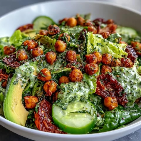 Fresh green goddess salad with creamy pistachio dressing, crisp romaine, avocado, and roasted chickpeas.  