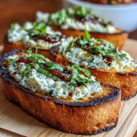 Golden crostini topped with creamy ricotta and a colorful medley of roasted zucchini, bell peppers, and cherry tomatoes.