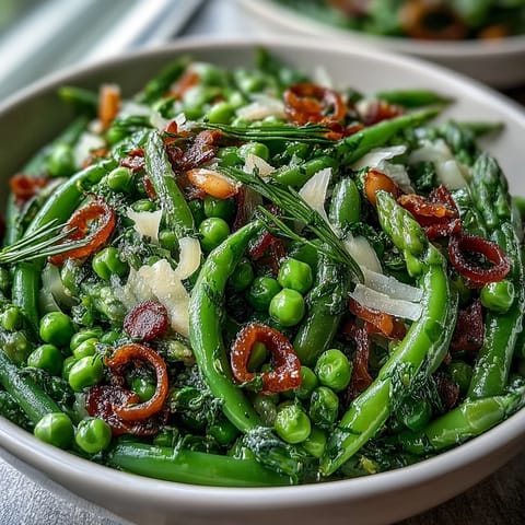 Fresh spring salad featuring crisp asparagus ribbons, sweet peas, and zesty lemon dressing, ideal for warm-weather dining.