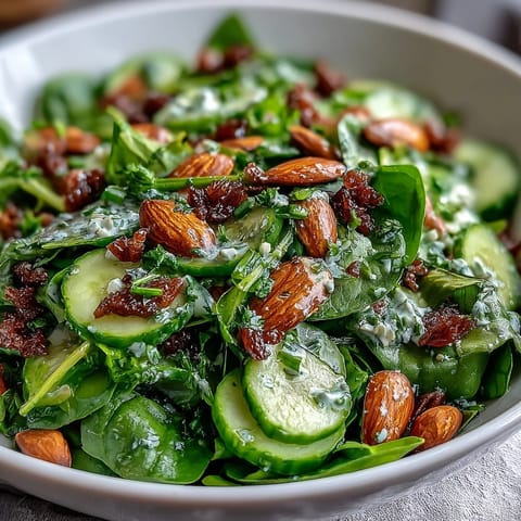 Vibrant honey mustard spring green salad featuring crunchy snap peas, radishes, and toasted almonds for a satisfying crunch.  