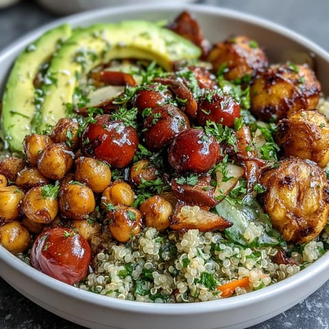 Lemon Vinaigrette Grain Bowls with Roasted Chickpeas featuring fluffy quinoa, crispy chickpeas, and colorful vegetables drizzled with zesty lemon dressing.  